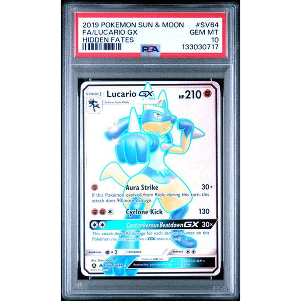 2019 POKEMON SUN & MOON HIDDEN FATES #SV64 FA/LUCARIO GX | PSA 10 |
